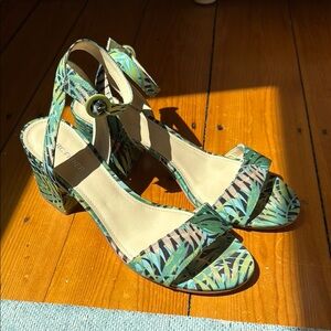 Marc Fisher Green Tropical Print Block Heel Sandals